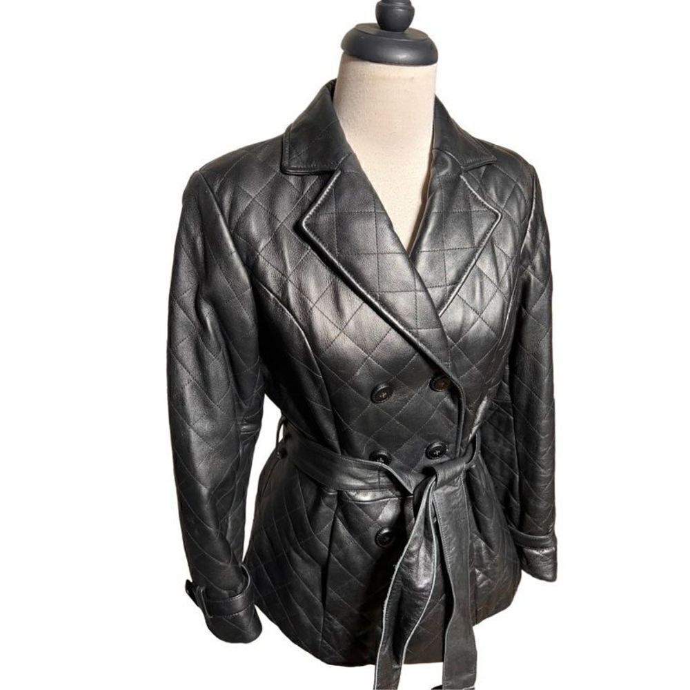 Preston & York Vintage Quilted Leather Coat Belted Peacoat Size Small - Picture 2 of 5
